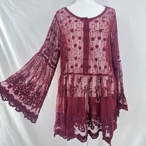 Boho Sheer Lace Top Womens XL Fairy Festival Romantic Cottage Indie Flare Sleeve
